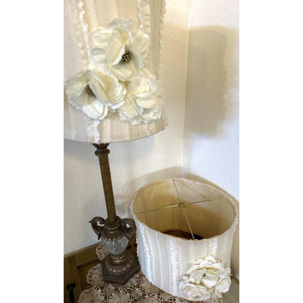 Pair Shabby Chic Ruffled Lamp Shades Floral Applique Cottage Ivory 9" x 12"